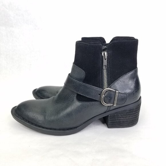 Born Korita Western Boot Women's 7.5 Black Leather Suede Zip Sides Buckle Heel - Picture 7 of 16
